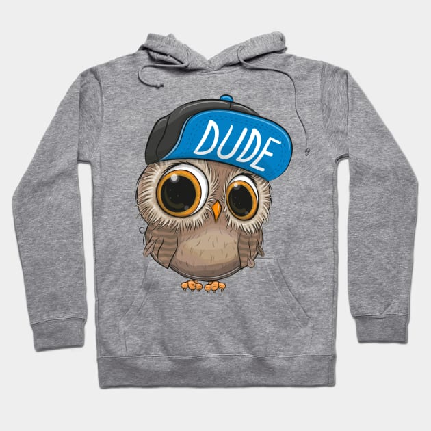 Cute little owl with big eyes and a cap with the inscription Dude Hoodie by Reginast777